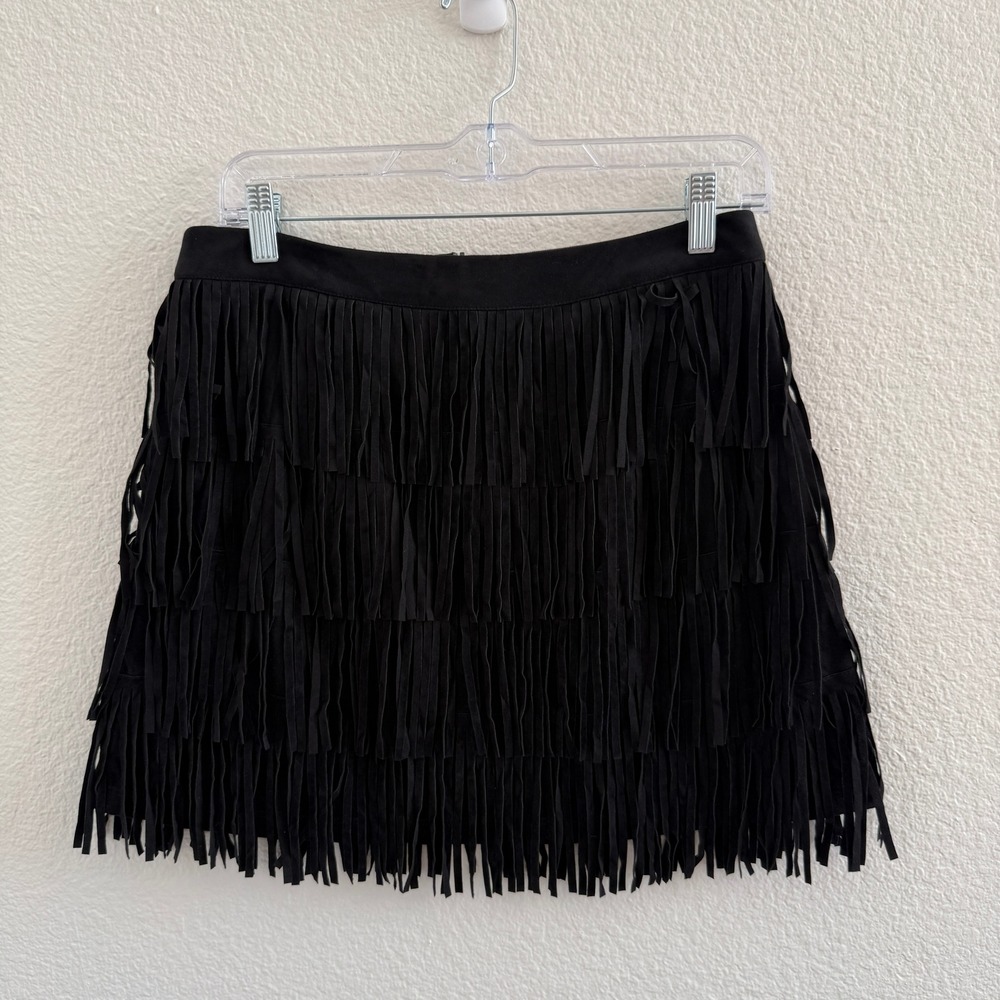 Forever 21 Black Faux Suede Fringe Mini Skirt Western Boho Festival Size Medium
